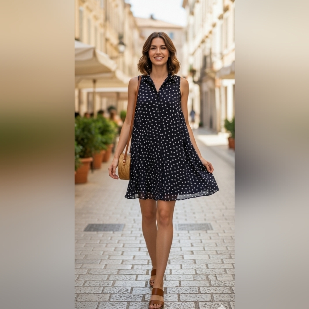 Emma & Michele Dark Navy Blue With White Polka Dot Dress Women's Size Medium